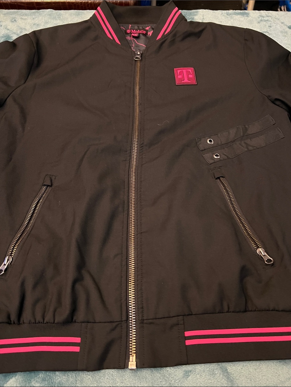 T-Mobile Black Bomber Jacket with Pink Trim , perfect condition , LIKE NEW